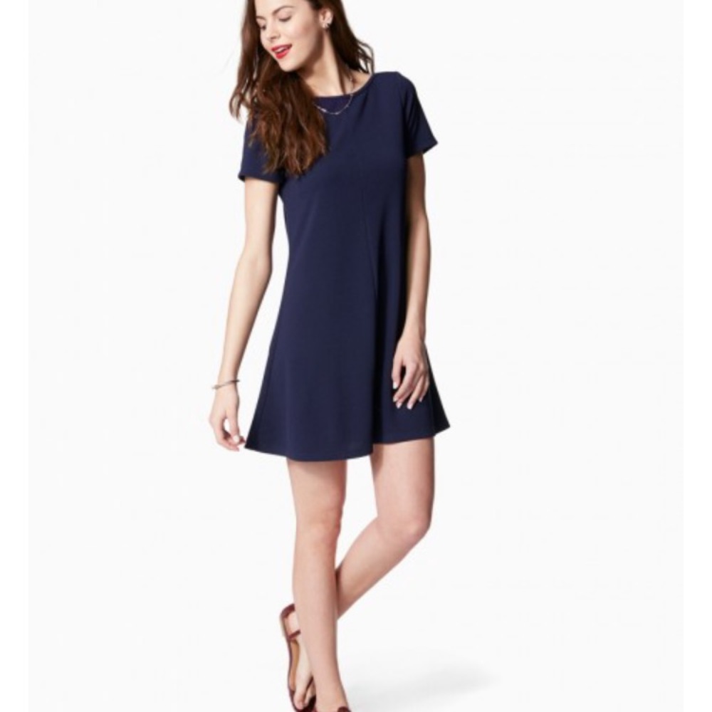 Navy blue short sleeve trapeze stretch crepe dress